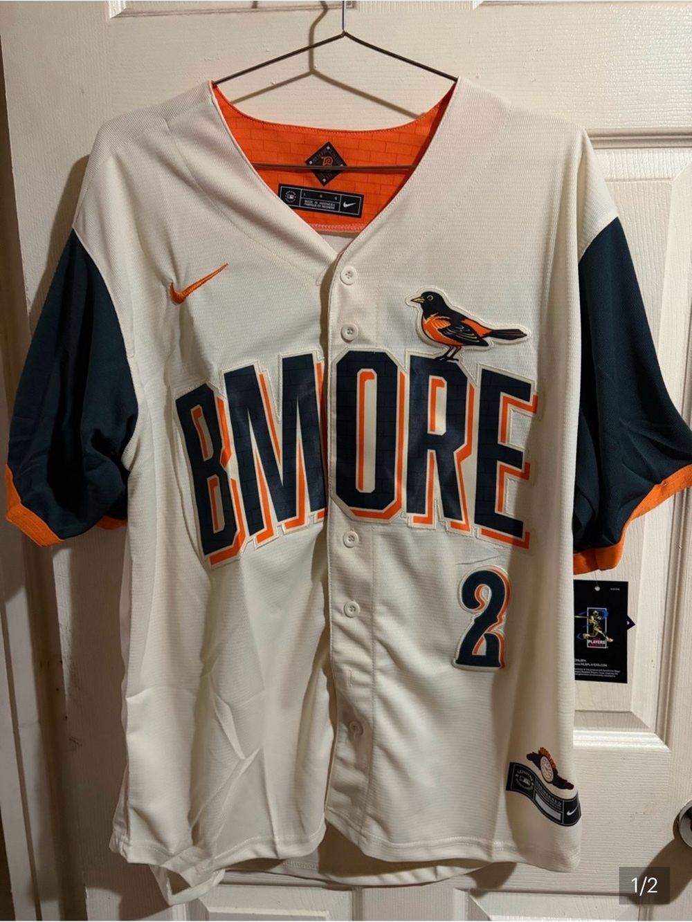 Nike White and Orange 'BMORE' Baltimore Baseball Jersey Size Large